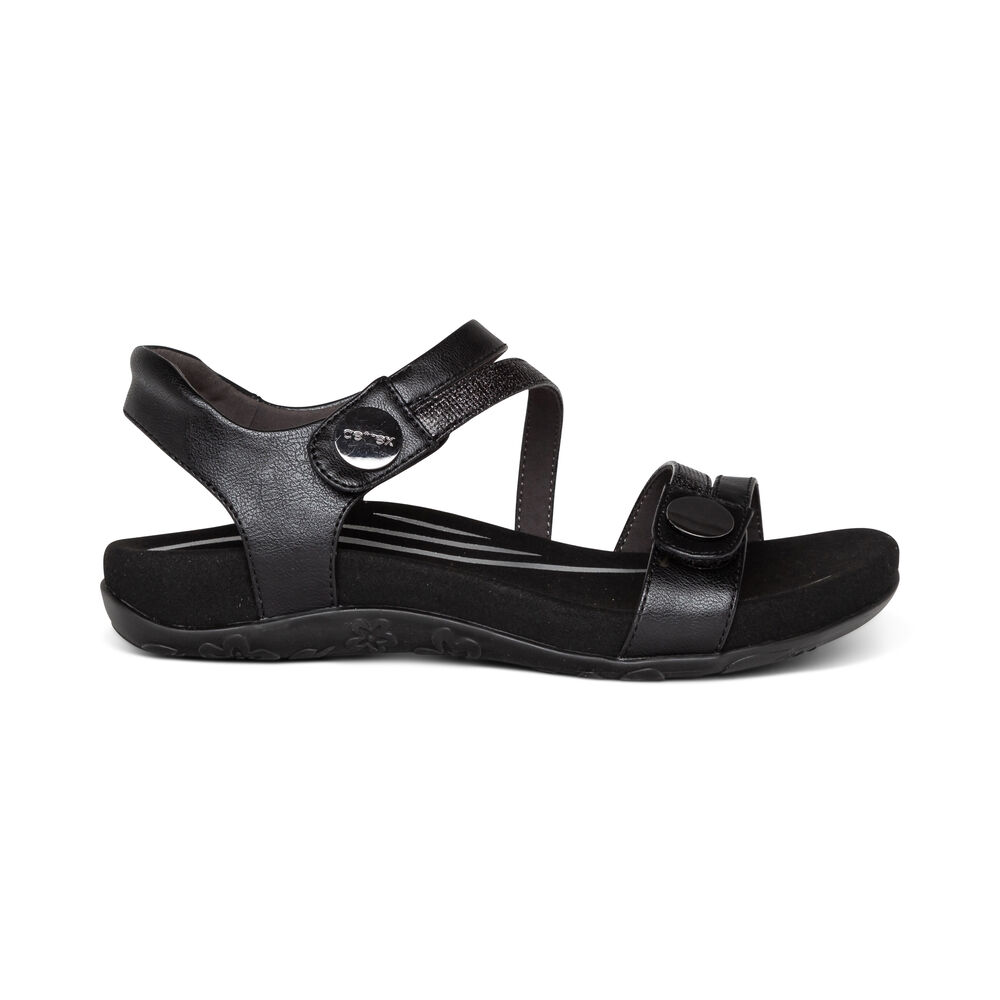 Aetrex Women's Jess Adjustable Quarter Strap Sandals - Black | USA V5OU9PV